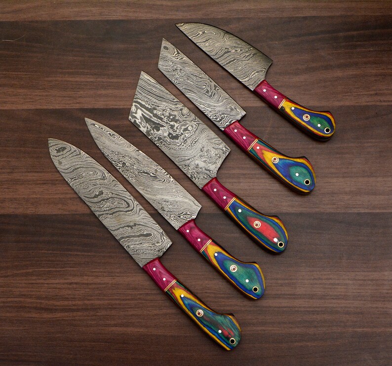 Damascus Chef Set of 5pcs With Leather Cover Handmade, Pink Purple Set,  Damascus Knife Set, Kitchen Knives Set, Birthday& Anniversary Gift 