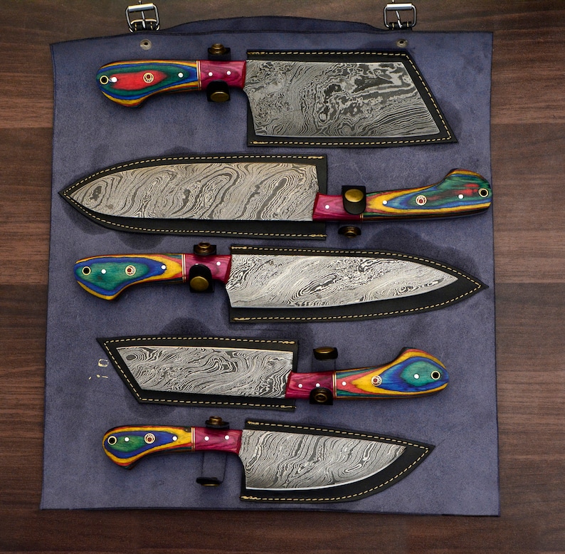Handmade Damascus Chef set Of 5pcs With Leather,Damascus Knife Set,Damascus Chef  Knife,Full Kitchen Knife Set,Damascus Chef Set,Newly Design