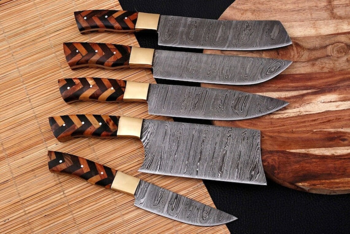 Handmade Damascus Chef set Of 5pcs With Leather,Damascus Knife Set