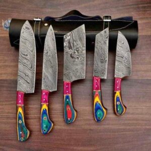 Handmade Damascus Chef Knife Set Of 5 Pcs With Leather Cover